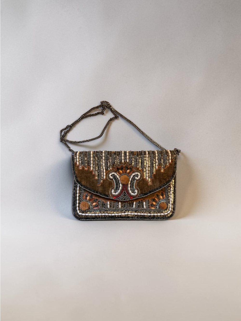 Embellished Brown Velvet Crossbody Bag with Chain Strap